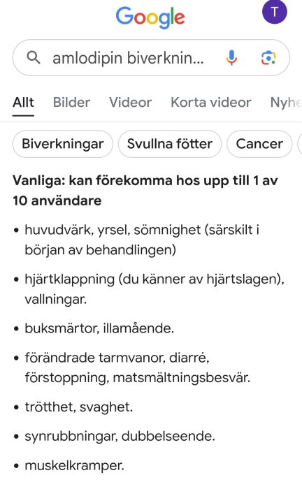 Sökresultat för "amlodipin biverkningar", lista med vanliga biverkningar som huvudvärk, yrsel, hjärtklappning, buksmärtor och muskelkramper.