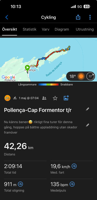 Karta och statistik över en cykeltur från Pollença till Cap Formentor. Distanser och hastigheter visas, samt väderinfo och total tid.