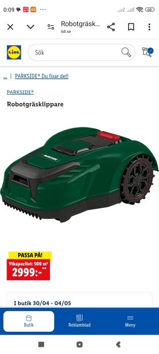 Parkside robotgräsklippare från Lidl, grön och svart design, pris 2999 kr, kapacitet 500 m².