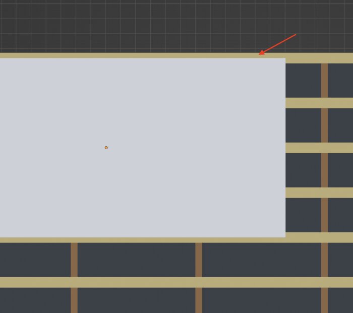 Rød pil peger på mellemrum mellem gipsplade og væg på illustration af glespaneler monteret CC30.