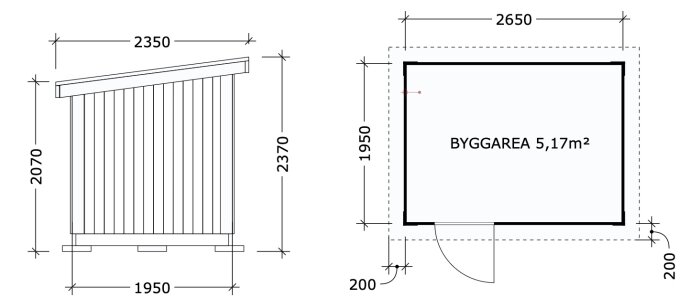 Ritning av redskapsbod med pulpettak, mått 2370x2650 mm, byggarea 5,17 m², utskjutande tak 200 mm, sidovy och planvy.