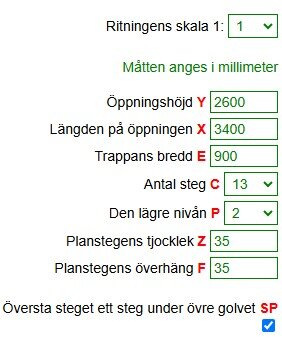 Formulär som visar trappmått i millimeter inklusive öppningshöjd, öppningslängd, trappbredd, antal steg, planstegets tjocklek och överhäng.