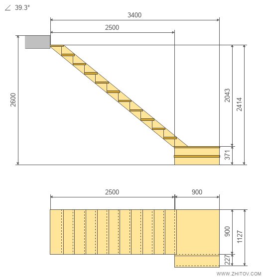 Ritning av en L-svängd trätappa med mått och vinklar, planerad för renovering med nytt vilplan och anpassade stegmått.