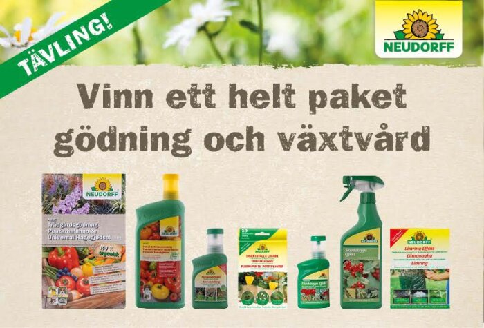 Neudorff tävlingsbild med olika gödsel- och växtvårdsprodukter, text om att vinna paketet, och Neudorff-logotyp överst i hörnet.
