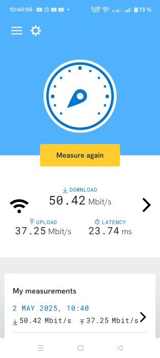 Internet speed test showing 50.42 Mbit/s download, 37.25 Mbit/s upload, and 23.74 ms latency, taken on May 2, 2025, at 10:40.