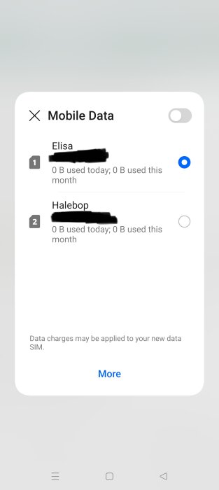 Mobilinställningar för datatrafik är avstängda. Två SIM-kort visas med noll dataanvändning idag och denna månad.