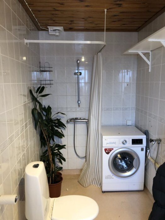 Badrum med dusch, tvättmaskin, toalett och växt i kruka. Duschdraperi och ljust kakel. Golvet är ljusbrunt, och taket har träpanel.