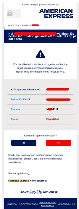Autentiskt American Express-mail om ett bedrägeriförsök med kortdetaljer och köpstatus, begäran om bekräftelse av transaktion.