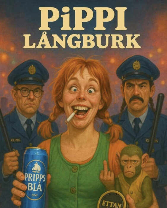 Ung kvinna med flätor håller en öl och cigarett, flankerad av två poliser. I bakgrunden står texten "Pippi Långburk".