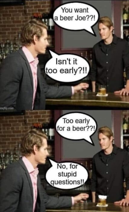 Två män vid en bar, en i rosa skjorta frågar om det är för tidigt för en öl, den andra svarar med en ironisk kommentar.