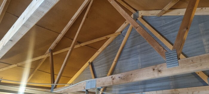 Trätakstolar med masonit som underlagstak och byggdetaljer, fokus på takkonstruktion.