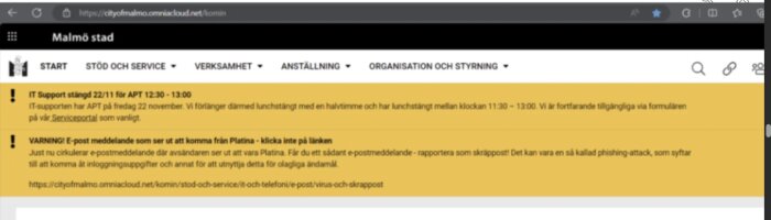 Webbsida från Malmö stad med varning om en phishing-attack och stängd IT-support den 22 november.
