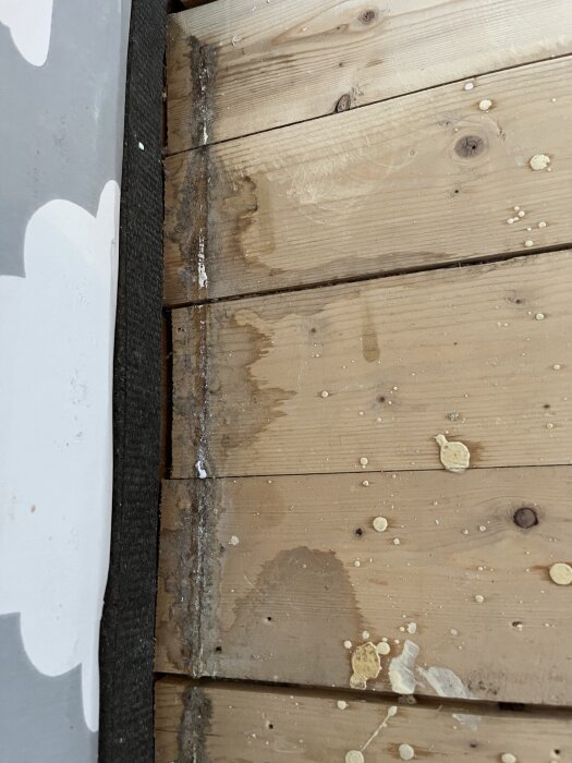 Råspontgolv med synliga missfärgningar och fläckar nära en vägg, eventuella tecken på vattenskada eller röta.