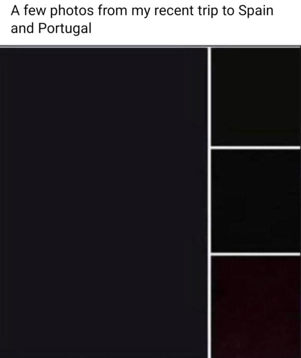 Flera svarta rektangulära rutor med vit ram, text "A few photos from my recent trip to Spain and Portugal" ovanför.