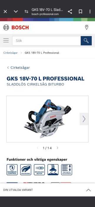 Bosch GKS 18V-70 L Professional sladdlös cirkelsåg visas med flera funktioner och egenskaper som kickback-kontroll och borstlös motor.