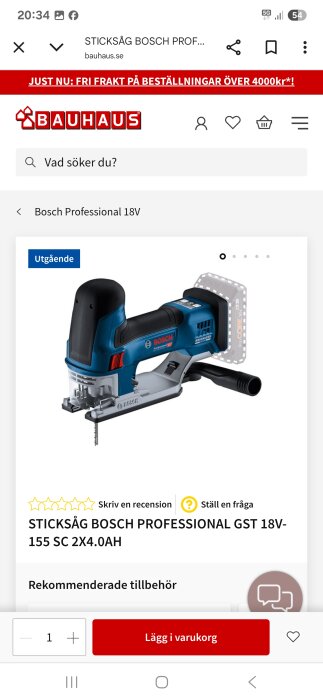 Bosch Professional sticksåg GST 18V-155 SC med L-Boxx, laddare och två 4Ah batterier på Bauhaus webbplats.