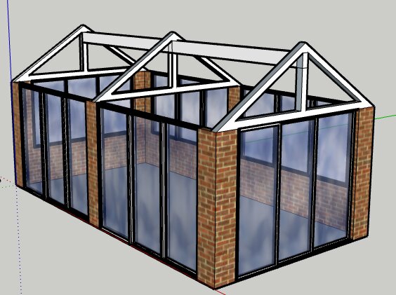 3D-modell av en byggnad med sadeltak, glasväggar och tegelpelare, visas med fokus på takkonstruktionens balkar.
