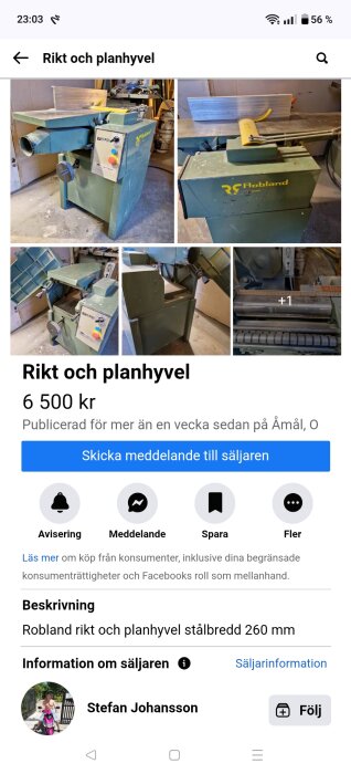 Rikt- och planhyvel av märket Robland med grön ram och kontrollpanel, pris 6 500 kr. Finns i Åmål, annonseras av Stefan Johansson.
