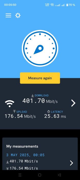 Skärmdump av wifi-hastighetstest: nedladdning 401,70 Mbit/s, uppladdning 176,54 Mbit/s, svarstid 25,63 ms, taget 3 maj 2025.