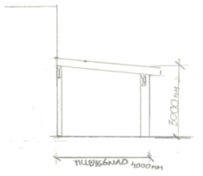 Skiss av carport med två stolpar och ett lutande tak, mått på höjd och längd är 3000 mm respektive 4000 mm.