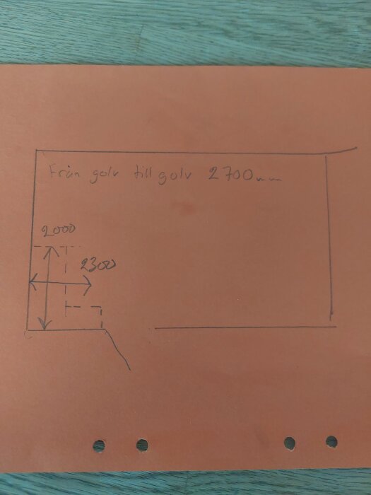 Skiss på papper som visar avstånd 2700 mm från golv till golv och cirka 2300 mm horisontellt, med handskrivna mått och noteringar.