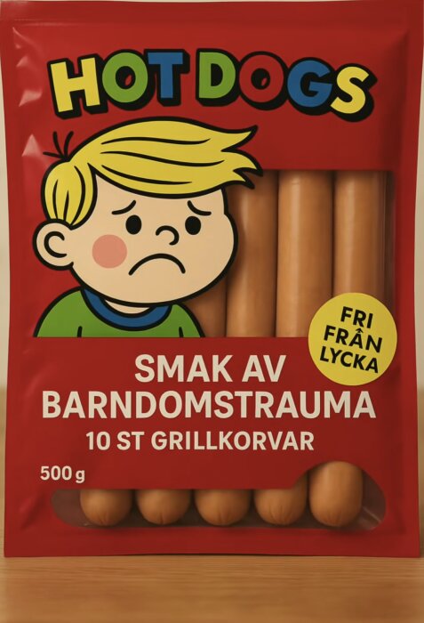 Förpackning med tecknad figur och texten "Smak av barndomstrauma" samt "10 st grillkorvar".