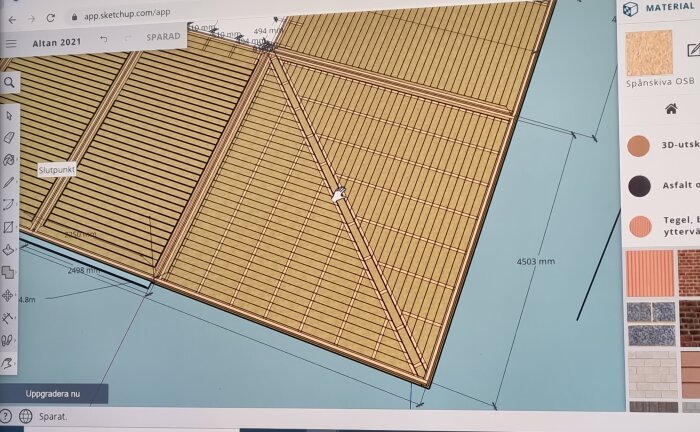 3D-modell av altan med träbrädor i SketchUp-programmet, visar hörndesign och mått på plankor.