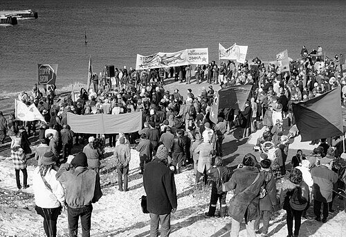 En folkmassa har samlats vid havet under en protest med flera människor som håller stora banderoller.