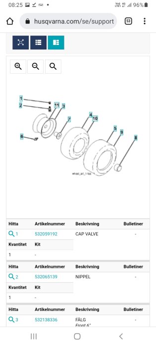 Sprängskiss av trädgårdsverktyg från Husqvarna med olika komponenter numrerade; del nr 7 är markerad.