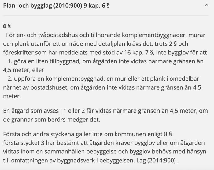 Textutdrag från plan- och bygglag (2010:900) 9 kap. 6 § om bygglovsbefriade åtgärder för en- och tvåbostadshus samt komplementbyggnader.