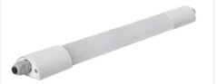 LED-armatur avlång vit design, eventuellt lämpad för takmontage, liknande lysrör, med en anslutningspunkt i ena änden, enligt text från inlägget.