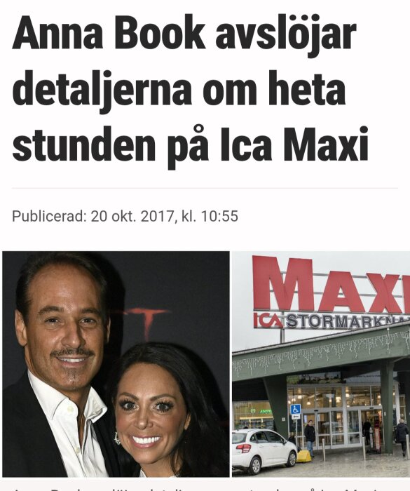 Tidningsartikel med rubriken om händelse vid Ica Maxi, foto av par och ingång till Ica Maxi.