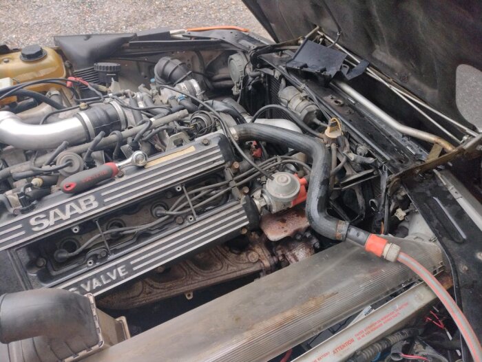 Motor till en Saab-bil med öppen motorhuv. Kylarslang är borttagen och en trädgårdsslang är ansluten för att spola kylsystemet. Verktyg synliga.