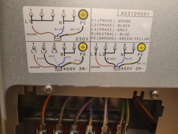 Anslutningsschema för elektrisk dosa med färgkodade kablar, inklusive bruksanvisning för 230V och 400V installation.