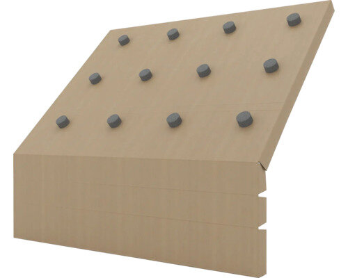 Illustration av en byggdel från Tecca med små distanser som skapar en 50 mm luftspalt, används för tätning mot takfoten.