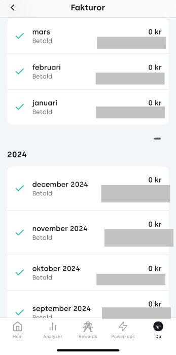Fakturasida med elräkningar från januari till december 2024, alla betalda och alla med beloppet 0 kr.