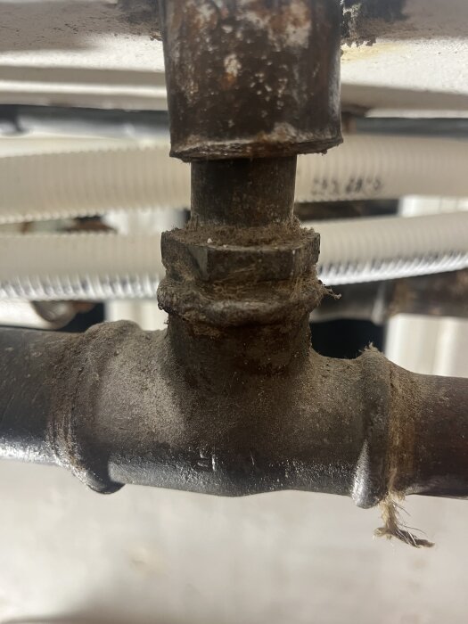 Rostigt T-rör med dubbelnippel under en diskbänk, synliga slitna och rostiga ytor samt plastslangar i bakgrunden.