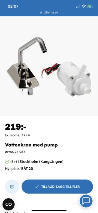 Vattenkran med pump från Biltema för installation i båt eller husvagn. Finns på hyllplats BÅT 20 i Stockholm (Kungsängen).