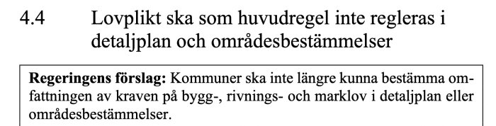 Sektion från lagrådsremiss om att kommuner inte kan reglera bygglov i detaljplaner och områdesbestämmelser enligt regeringens förslag.