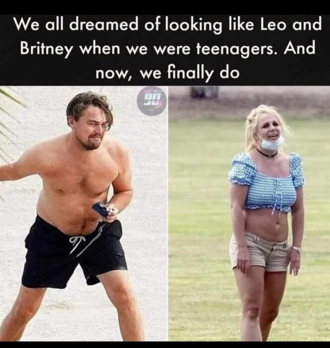 Två personer utomhus med text ovan om att ha drömt om att se ut som kända personer som tonåringar och nu göra det.