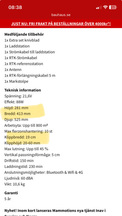 Specifikationer för en gräsklippare från Bauhaus, inklusive effekt, höjd, bredd, djup, klippbredd och klipphöjd.