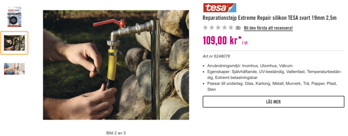 Person tejpar en gul trädgårdsslang med TESAs Extreme Repair silikontejp vid en kran utomhus, stenar i bakgrunden.