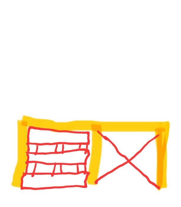 Lös ritning med gul och röd kontur av en konstruktion, ett rutnät till vänster och diagonalt kors till höger.