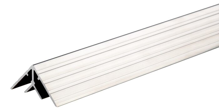 Aluminiumprofil för montering av skivor eller lådor, med vinklad design och spår för stabil infästning.