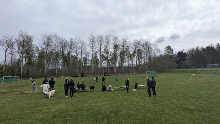 Fotbollsmatch på gräsplan med spelare i blå och gröna kläder. Åskådare står och sitter vid sidan om planen under en molnig dag.