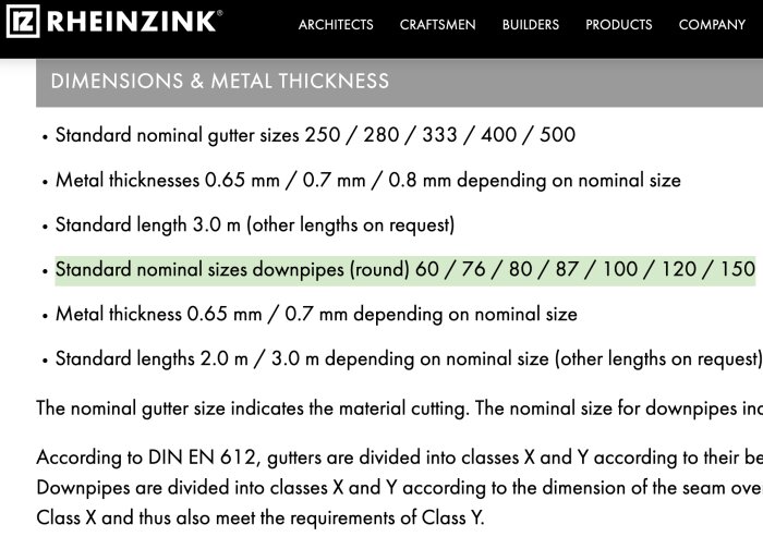 Lista över Rheinzinks standardmått och tjocklekar för stuprör, inklusive dimensioner 60, 76, 80, och 87 mm.