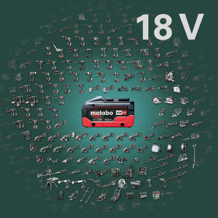 Metabo 18V Lihd-batteri med CAS-plattform, omgiven av kompatibla verktyg.