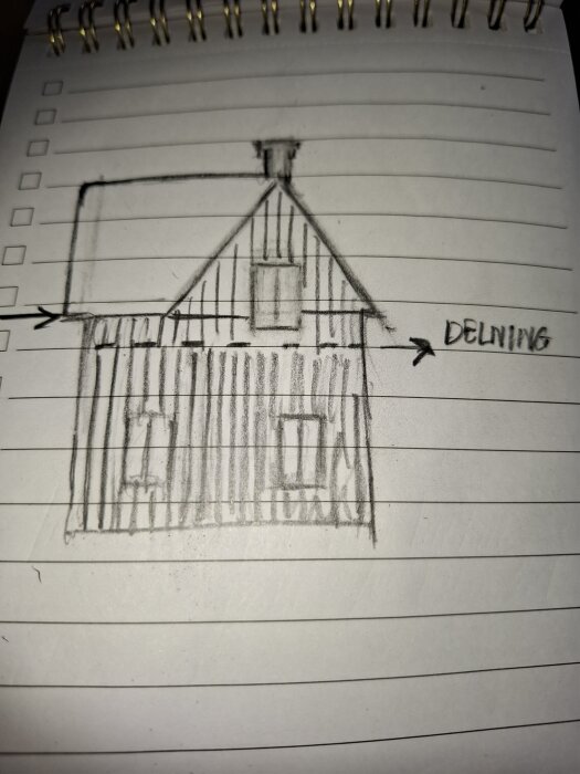 Skiss av trähus med två fönster och markerad delning på väggen, diskuterar brädfodring och isolering.