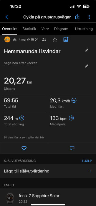 Skärmbild av en cykeltur med 20,27 km distans, snitthastighet 20,3 km/h, total tid 59:55, stigning 244 m och medelpuls 133 bpm. Använd Garmin Fenix 7.
