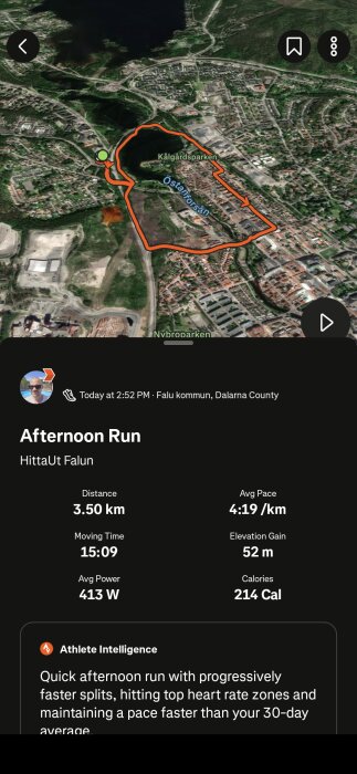 Satellitbild av en löprunda på 3,5 km i Falun, visar spåret runt Kålgårdsparken och Östanforsån. Löpdata som distans och snittid visas.
